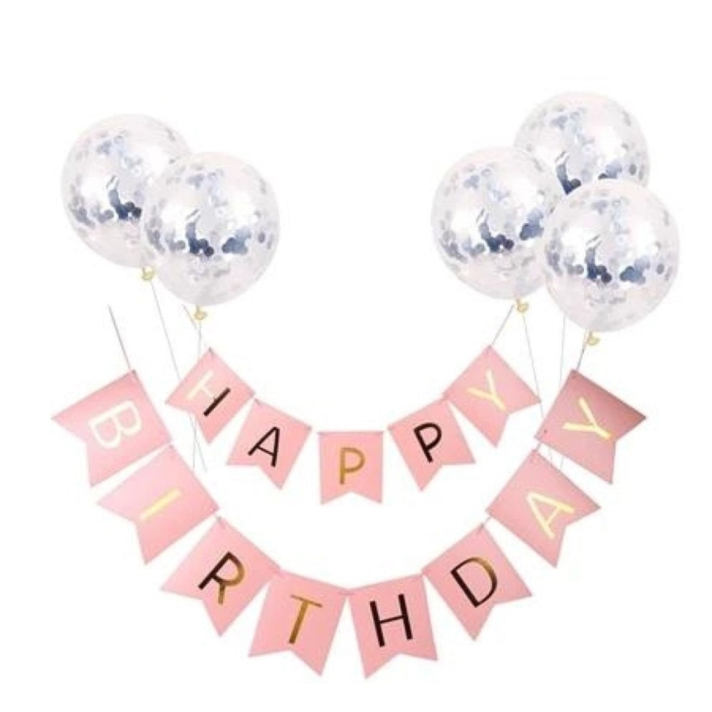 Pink and Gold Happy Birthday Banner with Confetti Balloons for party decoration